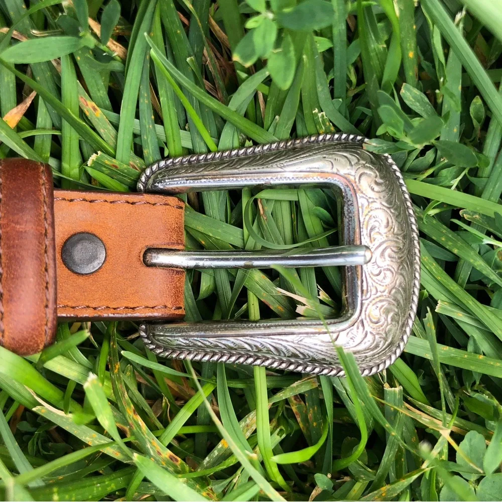 Orvis Brown Leather Belt with Southwestern Inlay and Silver Buckle